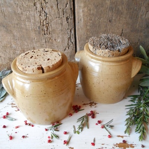 Set of Two Stoneware Mustard Crocks with Vintage Cork Stoppers. French Mustard Jars for Farmhouse Kitchen Display & Country Kitchen Storage.