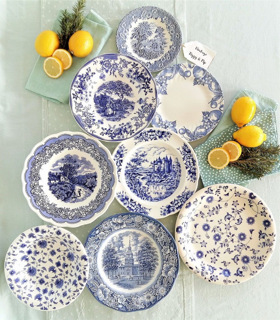 EIGHT Mix and Match Blue and White China Plates/dishes. Blue & White
