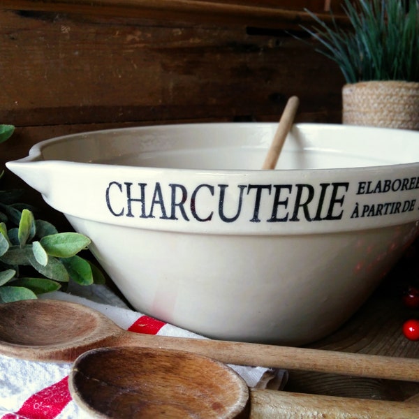 Huge French Stoneware Mixing Bowl. Pudding Basin. Beige / Grey Glazed Sandstone Charcuterie Bowl with Pouring Lip/ Spout, Butcher's Bowl.