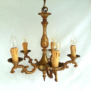 Five Arm Bronze Chandelier. Heavy, French, Gold Bronze Ornate Rococo/Baroque/Louis XV Style Period Lighting