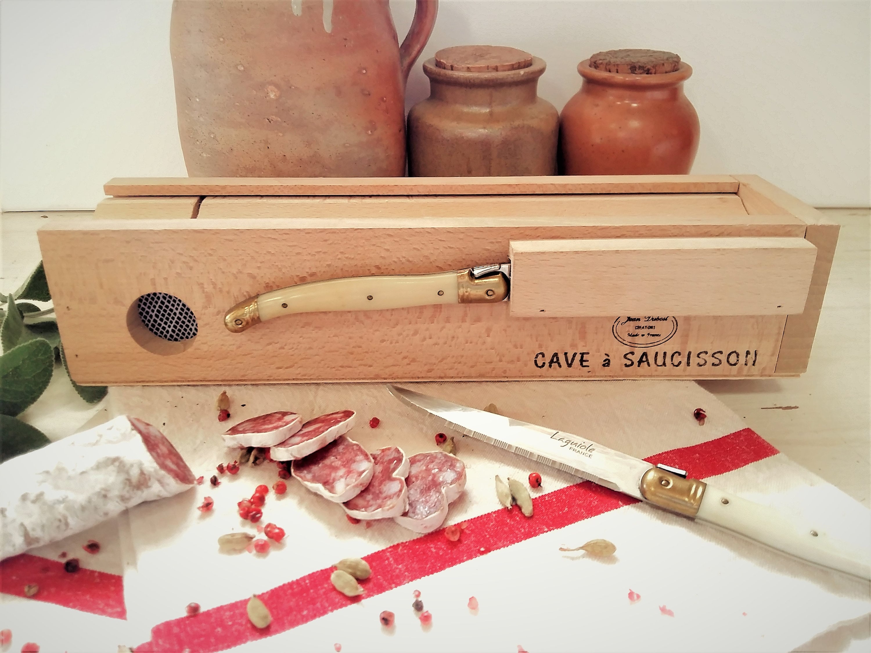 Charcuterie Box. Saucisson Sausage Storage Box With Chopping Board Lid.  Jean Dubost Wooden Sausage Box. Laguiole Knife. Chorizo/sausage Box. 