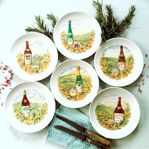 Six French Cheese Plates. Vintage Cheese Plate Set illustrated with Famous French Cheeses & French Wines. Cheese Lover Gift. Wine Lover Gift