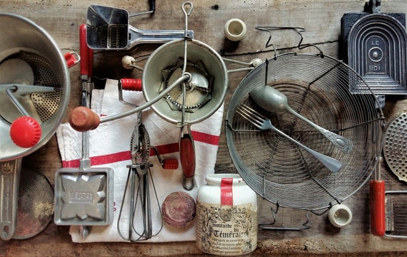Unusual Cooking Utensils,  my Kitchenalia wall [collection of red  vintage cooking utensils