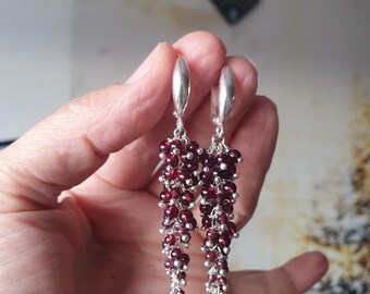 Long Garnet Earrings Silver, Rose Quartz Cluster Dangle Earrings