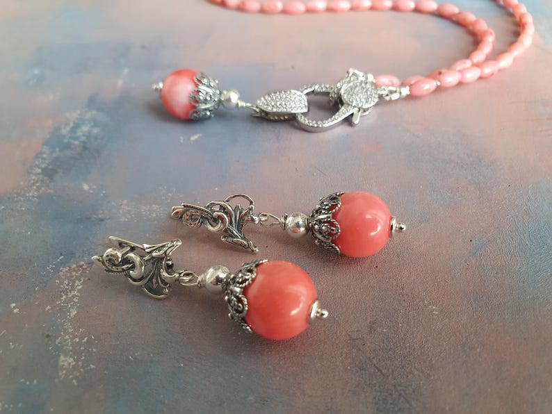 Coral Necklace and Earrings Set – Light Pink Natural Coral Jewelry – Sterling Silver Clasp – Handmade Gift for Her image 1