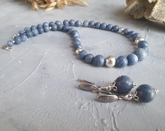 Natural Blue Coral Jewelry Set – Necklace & Earrings – Sterling Silver – Handmade Ocean Gift