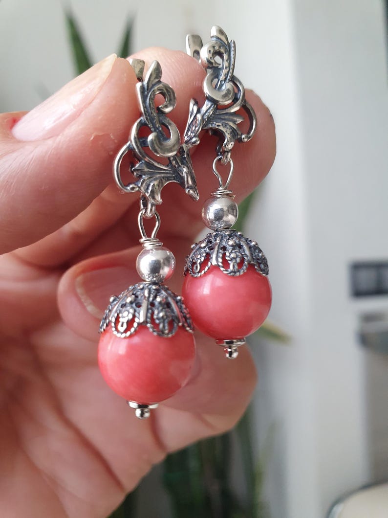 Coral Necklace and Earrings Set – Light Pink Natural Coral Jewelry – Sterling Silver Clasp – Handmade Gift for Her image 4