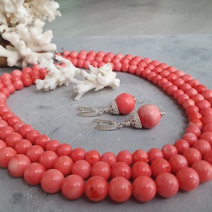 Pink Coral Necklace & Silver Earrings Set: Natural Multi-Strand Jewelry