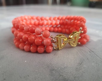 Pulseira de contas de coral rosa: joia rosa com várias fileiras, fecho de zircônia cúbica