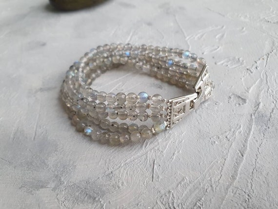 Bracelet Perles Labradorite Bleue - Pierres Rondelles à Facettes, Laiton, Réglable, Fait Main En Inde