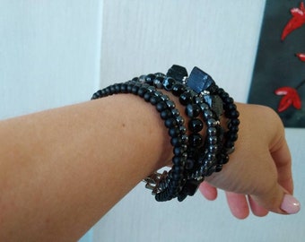 Protection Mix – 7 Strand Black Tourmaline & Shungite Bracelet | Multi Row Grounding Jewelry | Energy Protection Bracelet