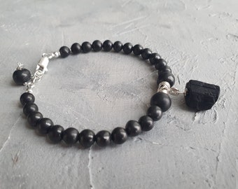 Bracelet with Shungite and Black Tourmaline (Schorl) — Grounding & Protection Crystal Jewelry