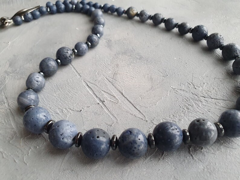 Blue Coral Necklace Hematite Coral Beaded Akori Necklace Etsy