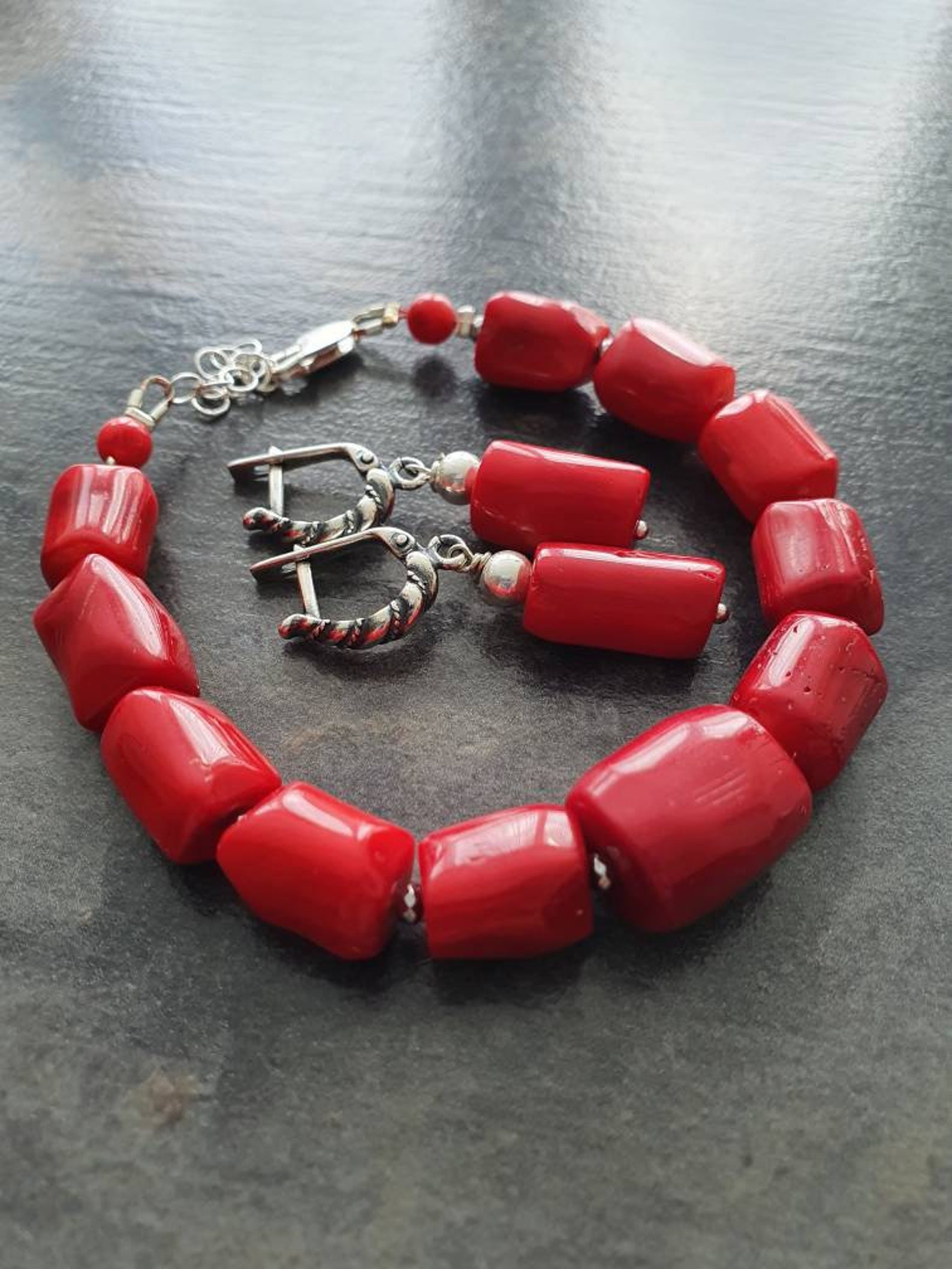 Natural Red Coral Bead Bracelet Earrings Sterling Silver Red Etsy