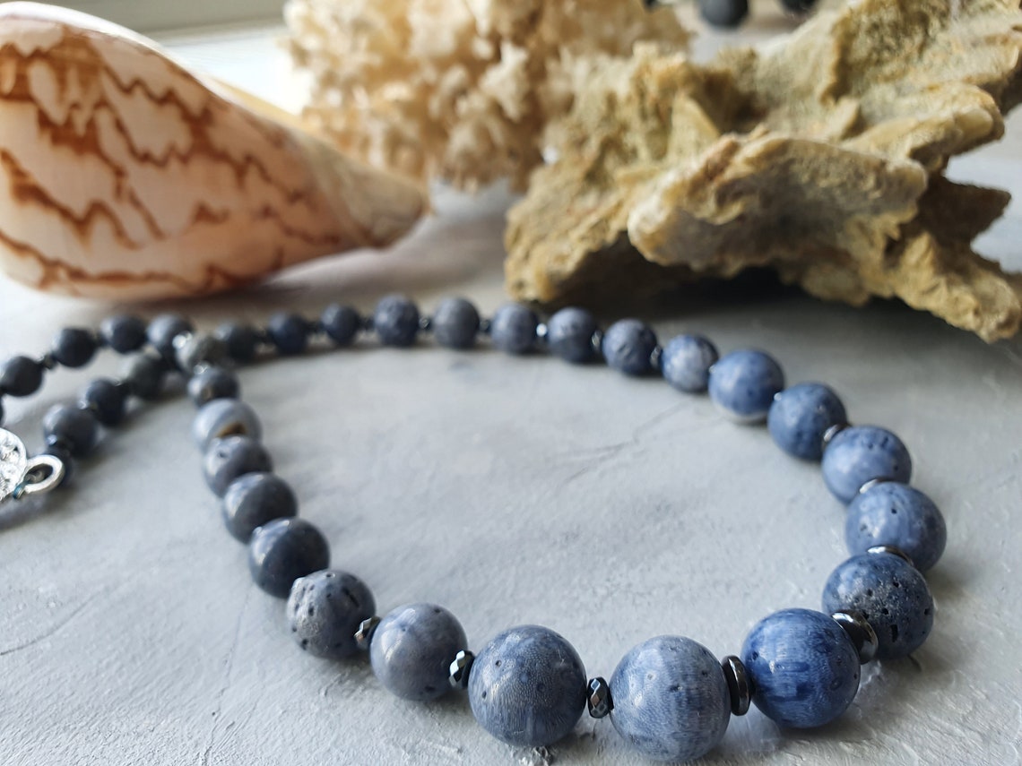 Blue coral necklace hematite Coral beaded Akori necklace Etsy