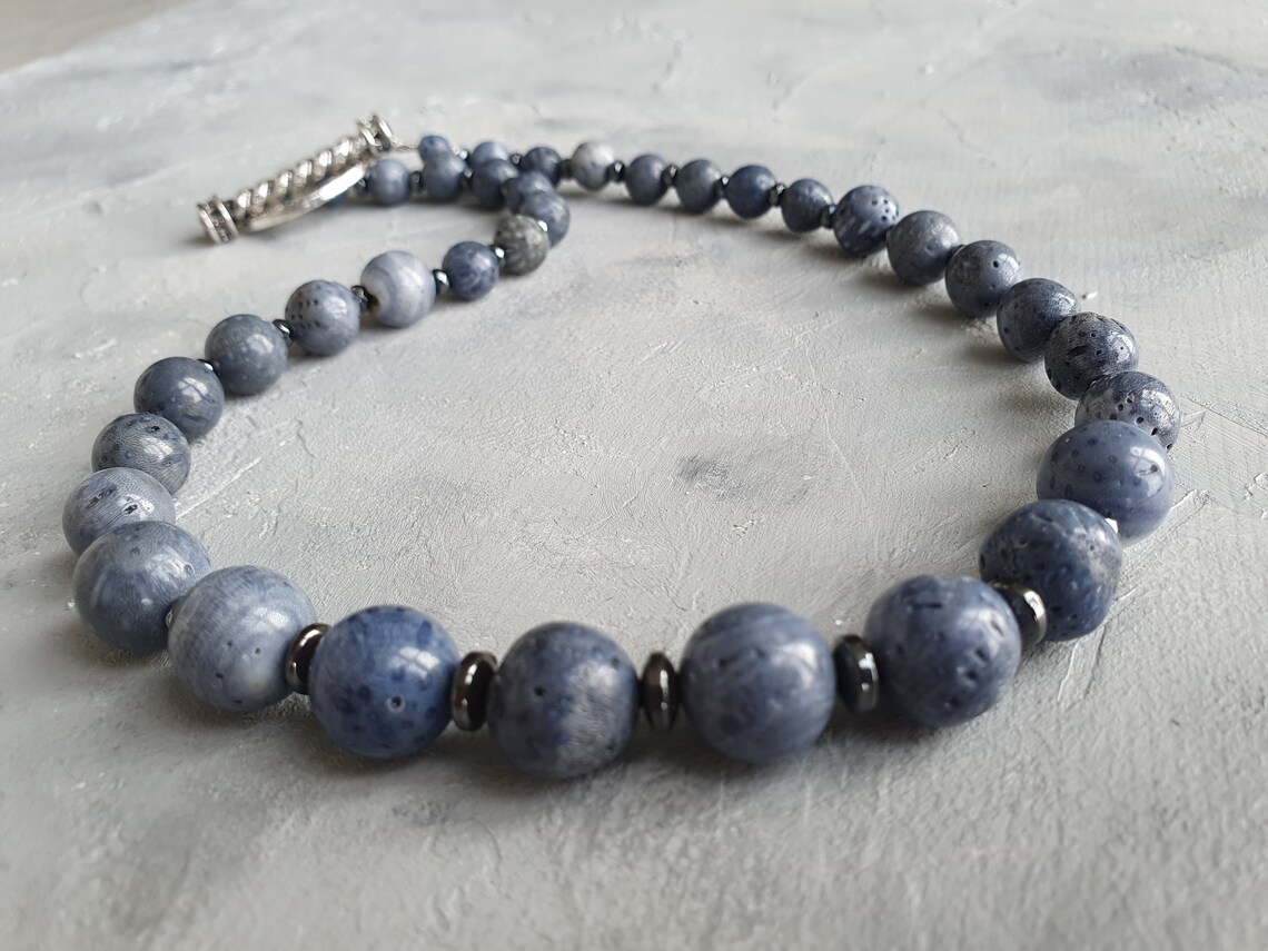 Blue Coral Necklace Hematite Coral Beaded Akori Necklace - Etsy