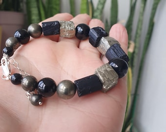 Raw Black Tourmaline Bracelet with Pyrite – Protection Crystal Bracelet –Sterling Silver Gemstone Jewelry Grounding Energy Talisman Handmade