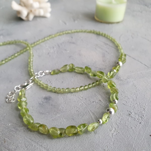 Chrysolite olivine peridot necklace and bracelet with sterling silver, peridot birthstone