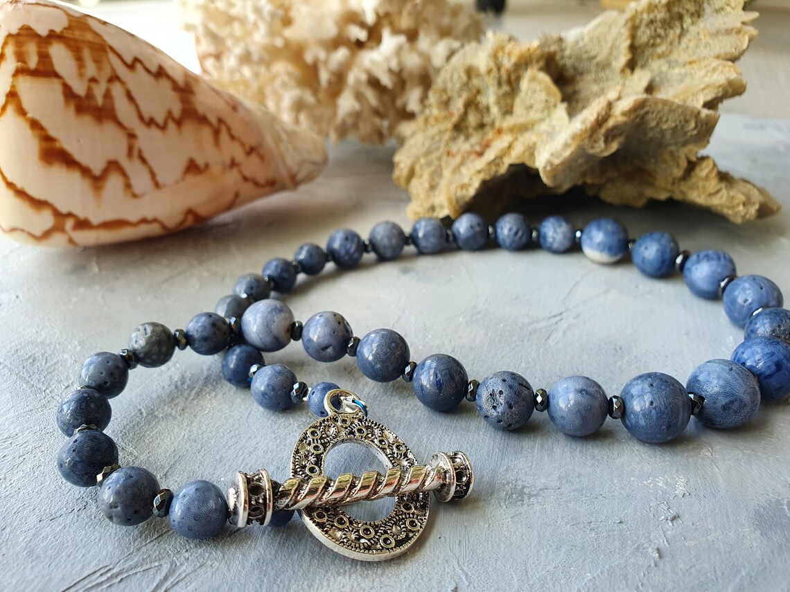 Blue coral necklace hematite Coral beaded Akori necklace Etsy