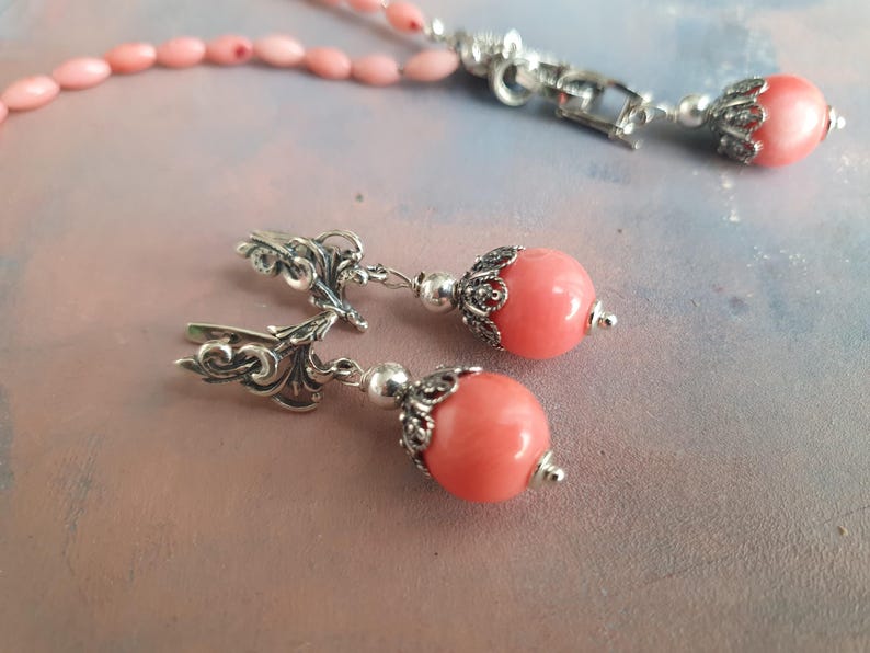 Coral Necklace and Earrings Set – Light Pink Natural Coral Jewelry – Sterling Silver Clasp – Handmade Gift for Her image 9