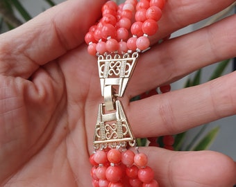 Pulseira de coral natural: joias com miçangas rosa e várias fileiras