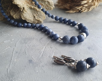 Sieradenset natuurlijk blauw koraal – ketting en oorbellen – sterlingzilver – handgemaakt oceaancadeau