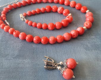 Natural Pink Coral Jewelry Set – Sterling Silver Set  Necklace and Earrings Bracelet – Sterling Silver Gift for Her