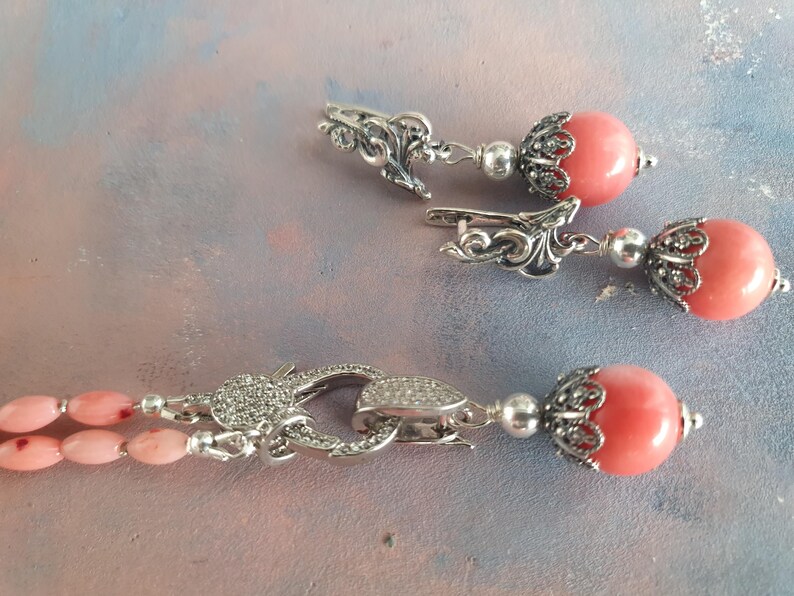 Coral Necklace and Earrings Set – Light Pink Natural Coral Jewelry – Sterling Silver Clasp – Handmade Gift for Her image 3