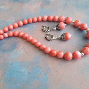 Peach Pink Coral Necklace & Earrings Set – Natural Gemstone Jewelry – Handmade Gift for Her