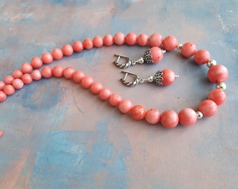Conjunto de colar e brincos de coral pêssego: fecho de prata esterlina, joias com pedras preciosas naturais