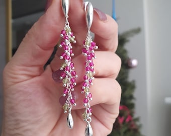 Ruby Peridot Cluster Earrings: Sterling Silver Dangle Gemstone Jewelry