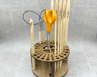 Knitting needle organizer Sunrise, Cable needle holder, Crochet hook stand, Tabletop, Wooden, Gift for knitter, Needle storage, needle gauge