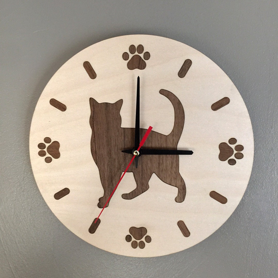 Rustic Cat Clock Cat - Themed Quartz Wall Clock, Eco Friendly Baltic Birch Plywood - Etsy