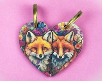 Fox Friendship Keychain Set: Birch Plywood Heart Keyrings