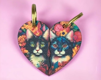 Cat Friendship Keychain Set: Birch Plywood Heart Keyrings