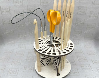 Knitting needle organizer Butterfly, Cable needle holder, Crochet hook stand, Tabletop, Wooden, Gift for knitter, Needle storage, gauge