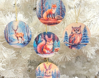 Forest Animals Christmas Ornaments: Nordic Plywood Set of 5