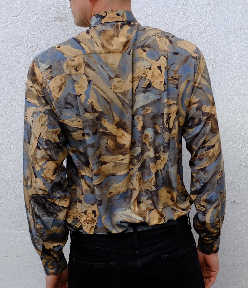 90s Vintage Printed Silk Like Long Sleeve Mens Button Up Flowy Shirt Size M
