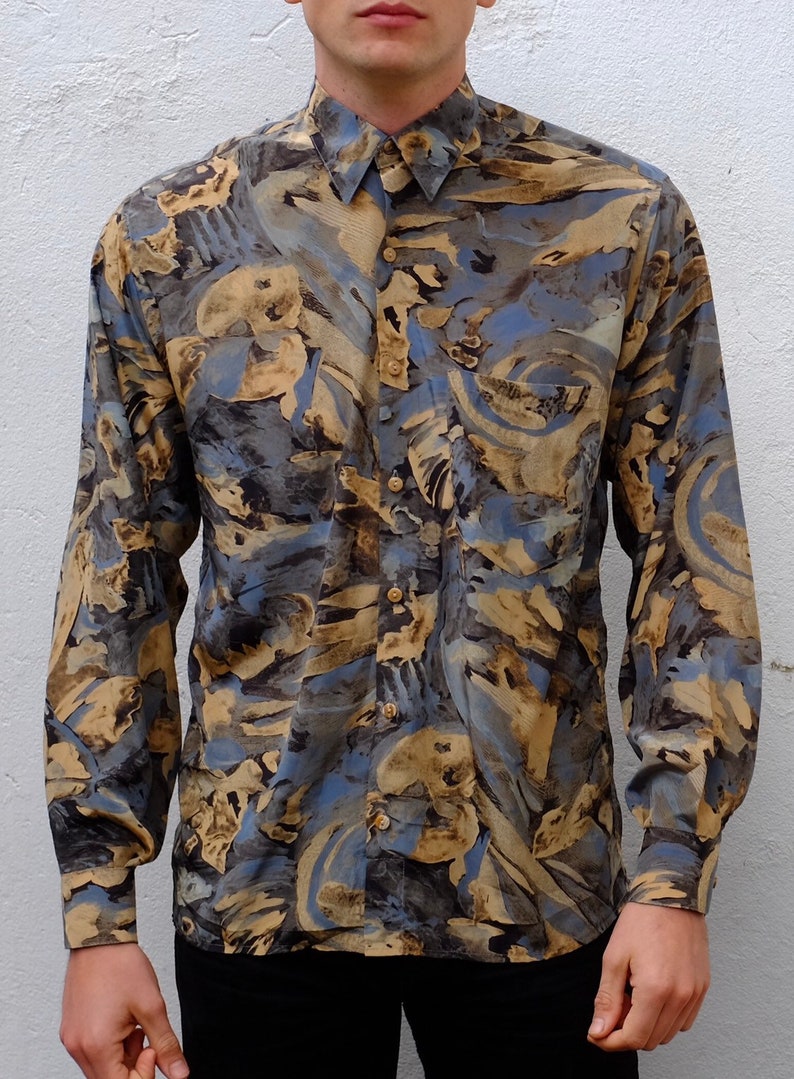 90s Vintage Printed Silk Like Long Sleeve Mens Button Up Flowy Shirt Size M