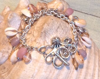 Octopussy Pink! Charm Bracelet with a Nautilus, Scallop, Starfish, Little Fish, and Mermaid and even a baby mermaid, One of a kind