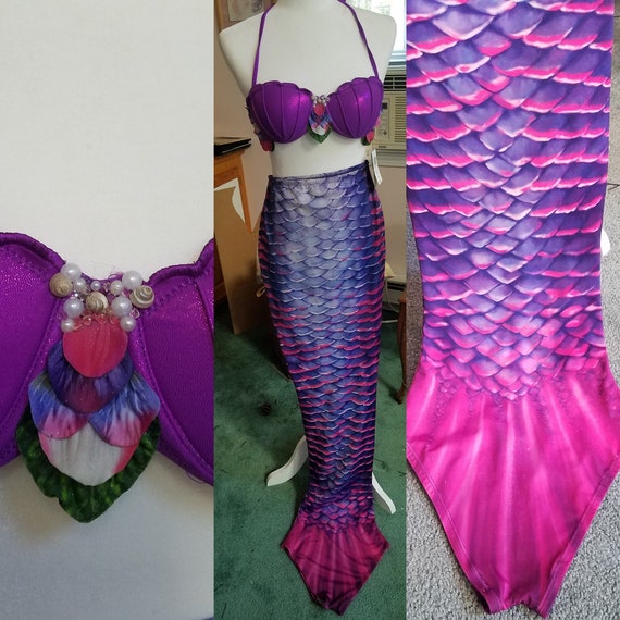 Mertailor Tail Skin & Disney's Ariel Shell Top Mermaid Costume Set Size  Small monofin Not Included 