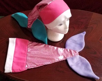 Sparkling Mermaid Elf Twin Santa Hats. Mermaid Elf hat Pair. Besties for the Holidays! Pink and Blue and SPARKLE! One of a kind set.