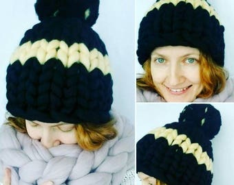 Clothing gift Merino Wool Hat - Knit Wool Hat - SuperChunky Hat -  Big Yarn - Pompom - Womens Winter Hat - Set Chunky Hat+Scarf – Beanie