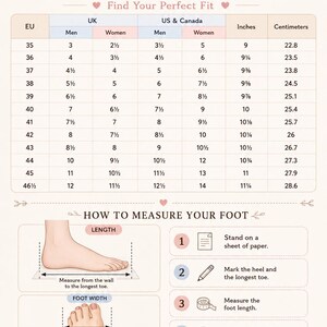 May include: A SoftlyKnittingStudio slipper size guide chart featuring EU, UK, and US & Canada sizing conversions in inches and centimeters. It includes instructions on how to measure foot length and width with numbered steps and illustrations.