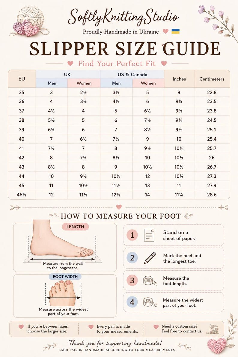 May include: A SoftlyKnittingStudio slipper size guide chart featuring EU, UK, and US & Canada sizing conversions in inches and centimeters. It includes instructions on how to measure foot length and width with numbered steps and illustrations.