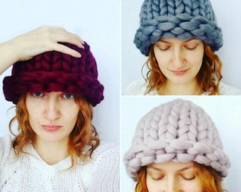 Clothing gift Merino Wool Hat - Knit Wool Hat - SuperChunky Hat -  Big Yarn - Pompom - Womens Winter Hat - Set Chunky Hat+Scarf – Beanie