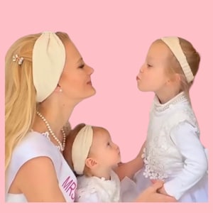 Elastic mommy and me headband set of 2.  Hand-loomed soft cotton, in ecru white color.