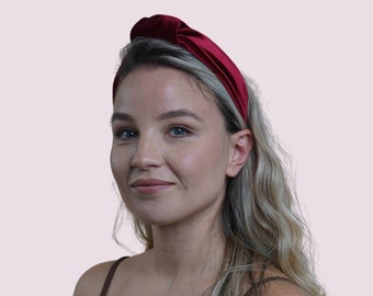 Burgundowa aksamitna opaska na głowę z wiązaniem: ręcznie robiona opaska w stylu boho