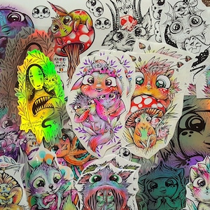 Mega Sticker Pack- 30+ simpatiche creature di tutte le forme e colori olografici felici kawaii dolce mostro psichedelico cristalli rosa fungo volpe