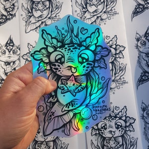 Holograficzny przyjaciel aksolotla-2021 naklejka winylowa kawaii słodki aksolot holo tęczowy szczęśliwy przyjaciele najlepszy projekt tatuażu artystycznego ilustracja miłość potwór